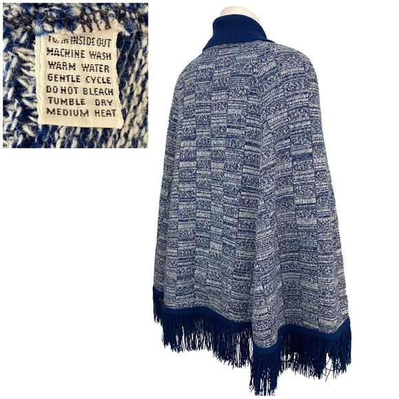 Vintage Blue and White Knit Sweater Cape with Fringe Trim - Picture 3 of 5